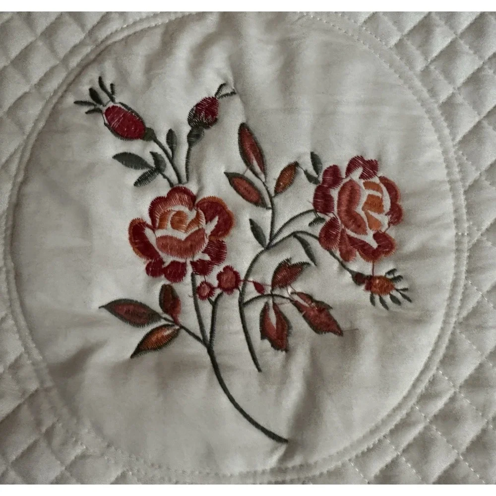 Queen/king quilted coverlet, 86 x 102 white, red floral embroidery Lightweight